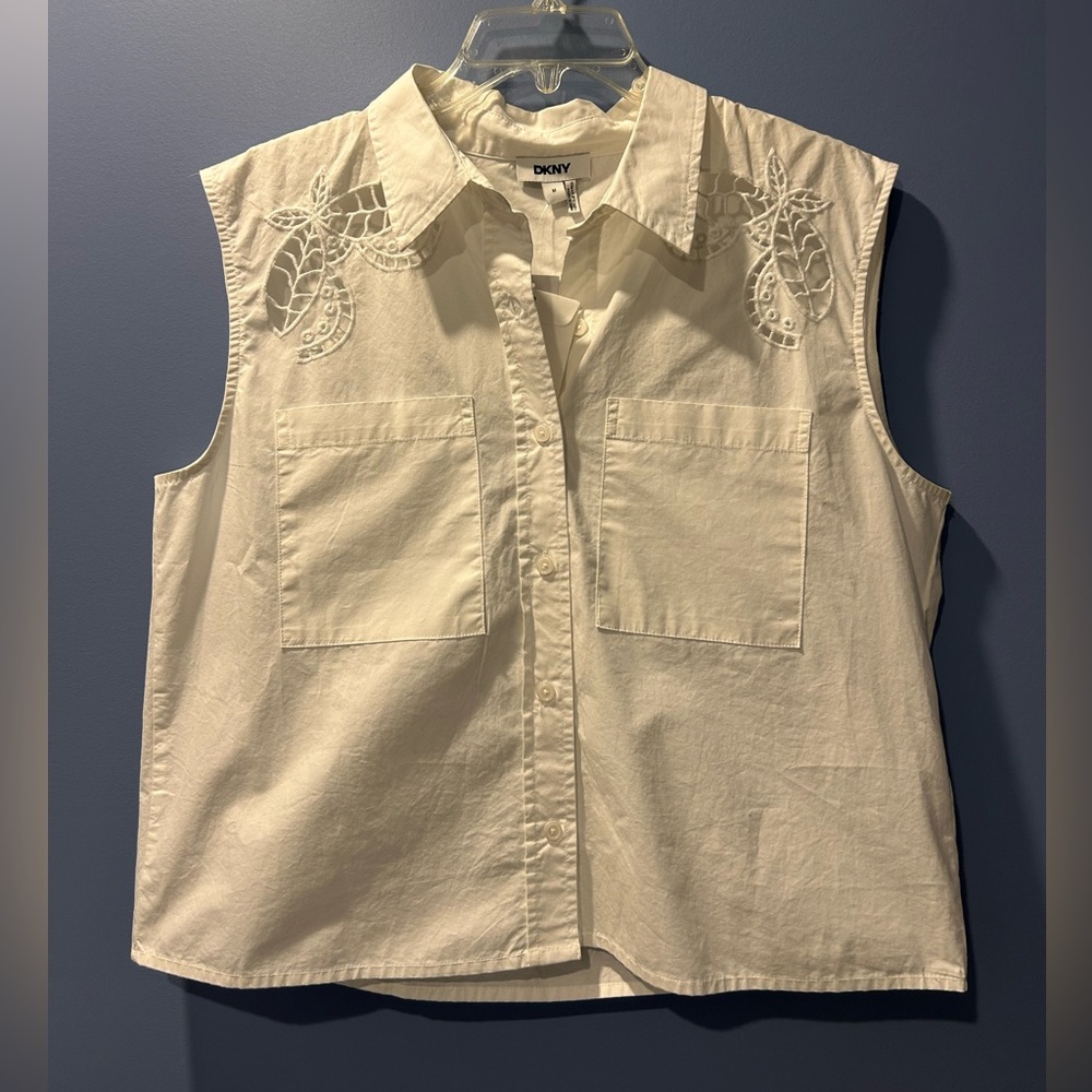 DKNY Women's White Sleeveless Button Down Shirt